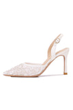 Elegant White Pointed Slingback Stiletto Heels Wedding Shoes with Floral Appliques