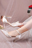 Ivory Lace Pointed Pearls Stilettos High Heels Wedding Shoes with Ankle Strap