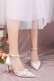 Ivory Lace Pointed Pearls Stilettos High Heels Wedding Shoes with Ankle Strap