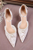 Ivory Lace Pointed Pearls Stilettos High Heels Wedding Shoes with Ankle Strap