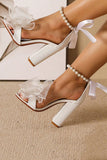 White Open Toe Pearls Platform High Heels with Bow