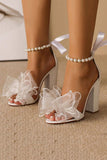 White Open Toe Pearls Platform High Heels with Bow