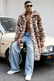 Brown Leopard Faux Fur Open Front Long Men's Coat