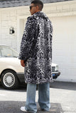 Coffee Leopard Shawl Collar Long Faux Fur Men's Coat