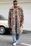 Brown Leopard Thick Faux Fur Open Front Long Men's Coat
