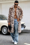 Brown Leopard Thick Faux Fur Open Front Long Men's Coat