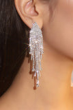 Sparkly Fashion Silver Fringed Long Prom Drop Earrings with Rhinestones