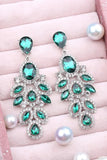 Sparkly Dark Green Leaf Shaped Long Prom Drop Earrings with Rhinestones