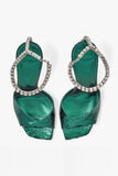Sparkly Dark Green Rhinestones Stilettos High Heels Sandal with Ankle Chain