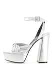 Silver Open Toe Chunky Patent Platform High Heels Pumps with Ankle Strap