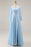 Sky Blue Chiffon A-Line V Neck Long Bridesmaid Dress with Slit