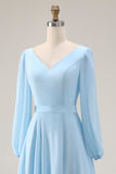 Sky Blue Chiffon A-Line V Neck Long Bridesmaid Dress with Slit
