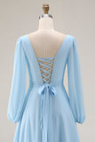 Sky Blue Chiffon A-Line V Neck Long Bridesmaid Dress with Slit
