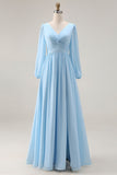 Sky Blue Ruched A-Line V Neck Long Sleeves Bridesmaid Dress with Slit