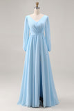 Sky Blue A Line Long Sleeves Ruched Bridesmaid Dress with Slit