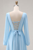 Sky Blue A Line Long Sleeves Ruched Bridesmaid Dress with Slit