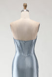 Grey Blue Mermaid Beaded Strapless Corset Ruched Long Prom Dress with Slit