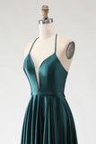Dark Green Halter A Line Pleated Long Prom Dress with Slit