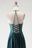Dark Green Halter A Line Pleated Long Prom Dress with Slit