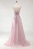Blush Pink Halter Corset Appliqued A Line Long Prom Dress with Slit