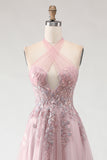 Blush Pink Halter Corset Appliqued A Line Long Prom Dress with Slit