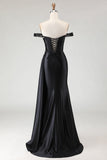 Off the Shoulder Black Mermaid Sequin Long Prom Dress with Slit