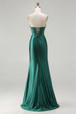 Dark Green Strapless Beaded Corset Long Prom Dress with Slit