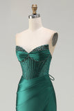 Dark Green Strapless Beaded Corset Long Prom Dress with Slit