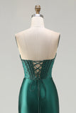Dark Green Strapless Beaded Corset Long Prom Dress with Slit
