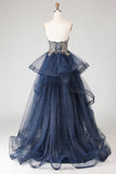 Glitter Navy A Line Strapless Applique Long Prom Dress with Spiral Ruffles