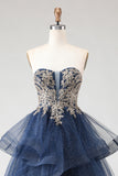 Glitter Navy A Line Strapless Applique Long Prom Dress with Spiral Ruffles