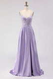 Purple A-Line Satin Sequins Backless Long Prom Dress with Slit