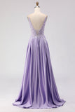 Purple A-Line Satin Sequins Backless Long Prom Dress with Slit