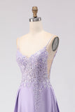 Purple A-Line Satin Sequins Backless Long Prom Dress with Slit