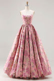 Strapless Pink Jacquard Corset Princess Floral Long Prom Dress with Lace Up Back