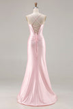 Pink Mermaid Corset Lace Up Back Long Prom Dress with Slit