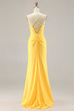 Glitter Yellow Mermaid Beaded Corset Lace Up Back Long Prom Dress with Slit