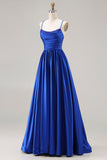 Royal Blue A-Line Beaded Satin Long Prom Dress with Lace Up Back