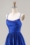 Royal Blue A-Line Beaded Satin Long Prom Dress with Lace Up Back