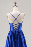 Royal Blue A-Line Beaded Satin Long Prom Dress with Lace Up Back