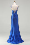 Royal Blue Mermaid Beaded Satin Long Prom Dress with Slit