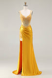 Sparkly Yellow Mermaid Sequin Corset Rhinestones Long Prom Dress with Slit