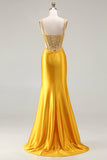 Sparkly Yellow Mermaid Sequin Corset Rhinestones Long Prom Dress with Slit