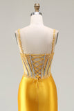 Sparkly Yellow Mermaid Sequin Corset Rhinestones Long Prom Dress with Slit