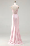 Pink Mermaid Beaded Corset Ruched Long Prom Dress with Slit