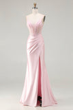 Pink Mermaid Beaded Corset Ruched Long Prom Dress with Slit