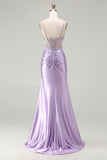 Sparkly Light Purple Mermaid Seuqin Ruched Long Prom Dress with Slit
