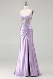 Sparkly Light Purple Mermaid Seuqin Ruched Long Prom Dress with Slit