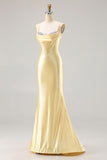 Light Yellow Mermaid Corset Beaded Long Prom Dress with Lace Up Back