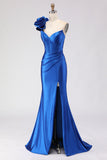 Royal Blue One Shoulder Beaded Mermaid Corset Long Prom Dress with Slit